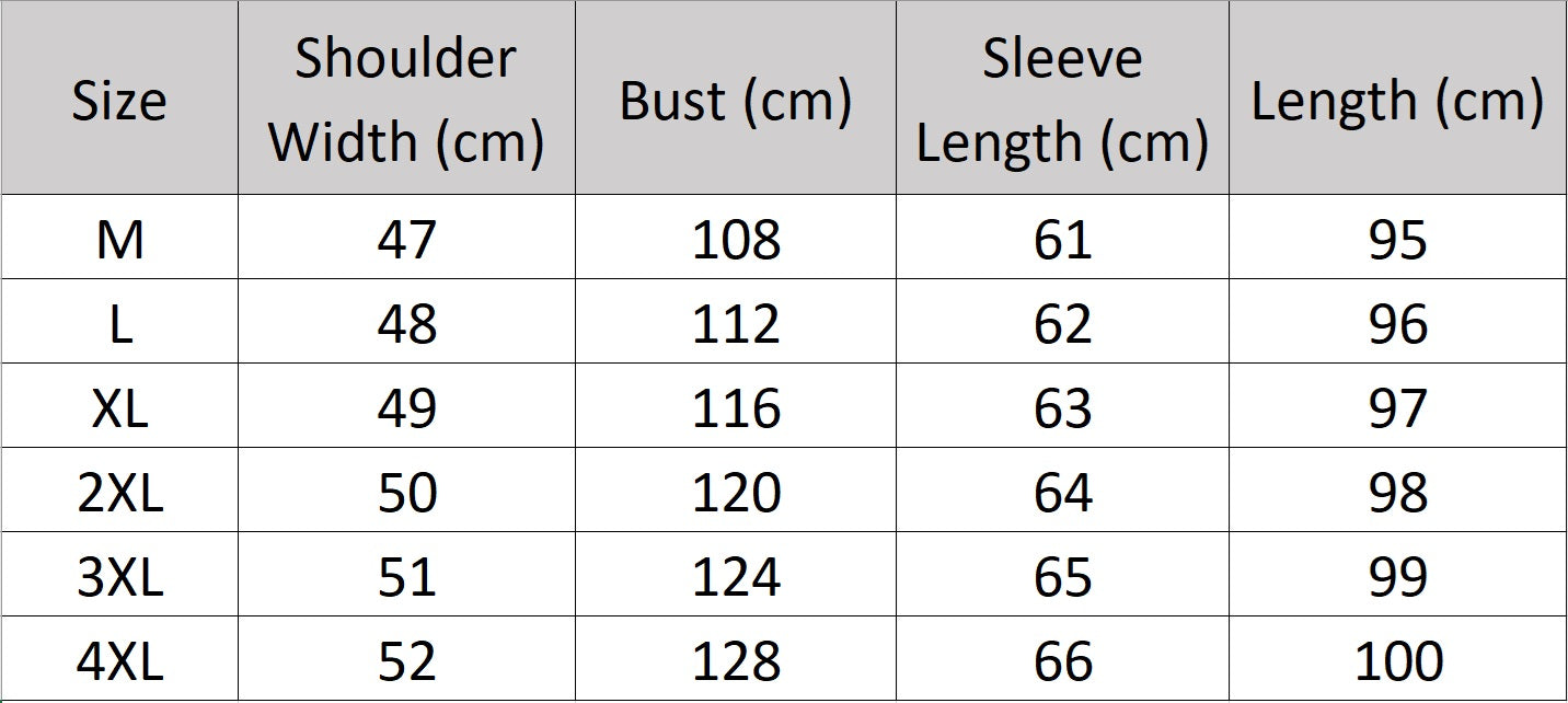 Men’s size chart for a wool-cashmere coat with shearling peaked lapels, straight cut, flap pockets, and down-filled lining for warmth and refined style. From Borcelleclothes.