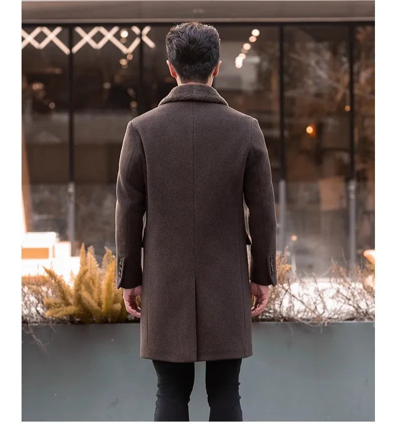 Men’s wool-cashmere coat with shearling peaked lapels in Wood Bark, back view showing straight cut and center vent. From Borcelleclothes.