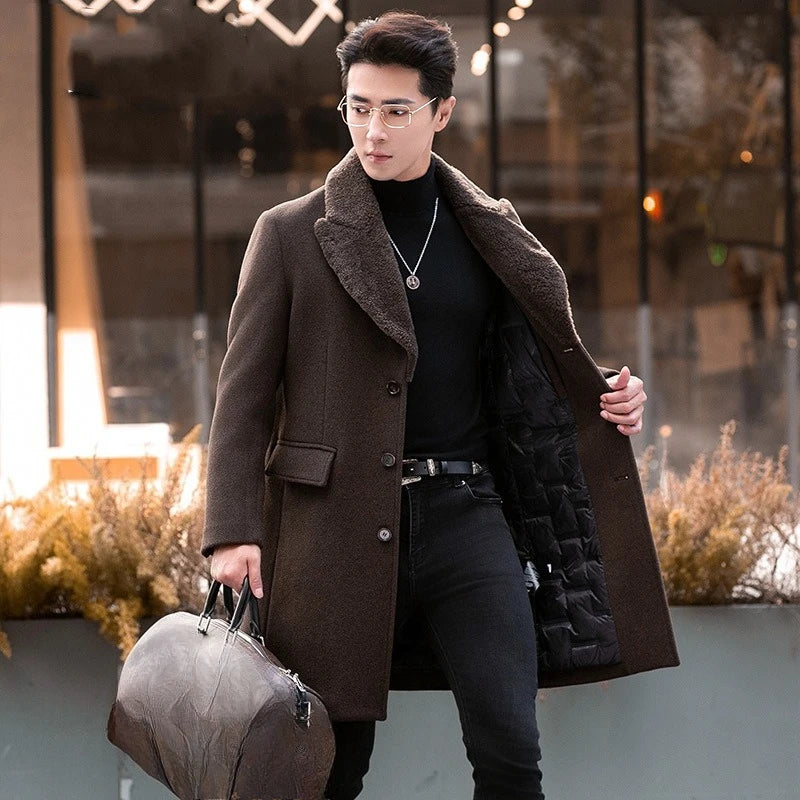 Men’s wool-cashmere coat with shearling peaked lapels in Wood Bark, straight cut, flap pockets, and down-filled lining for warmth and refined style. From Borcelleclothes.