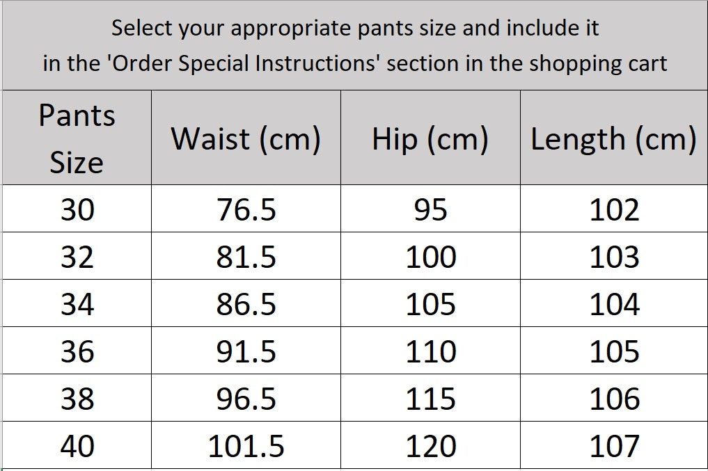 Size chart for the pants of the Borcelleclothes Men's Wool and Silk Blend Suit in Onyx Texture, detailing precise measurements for a custom fit.