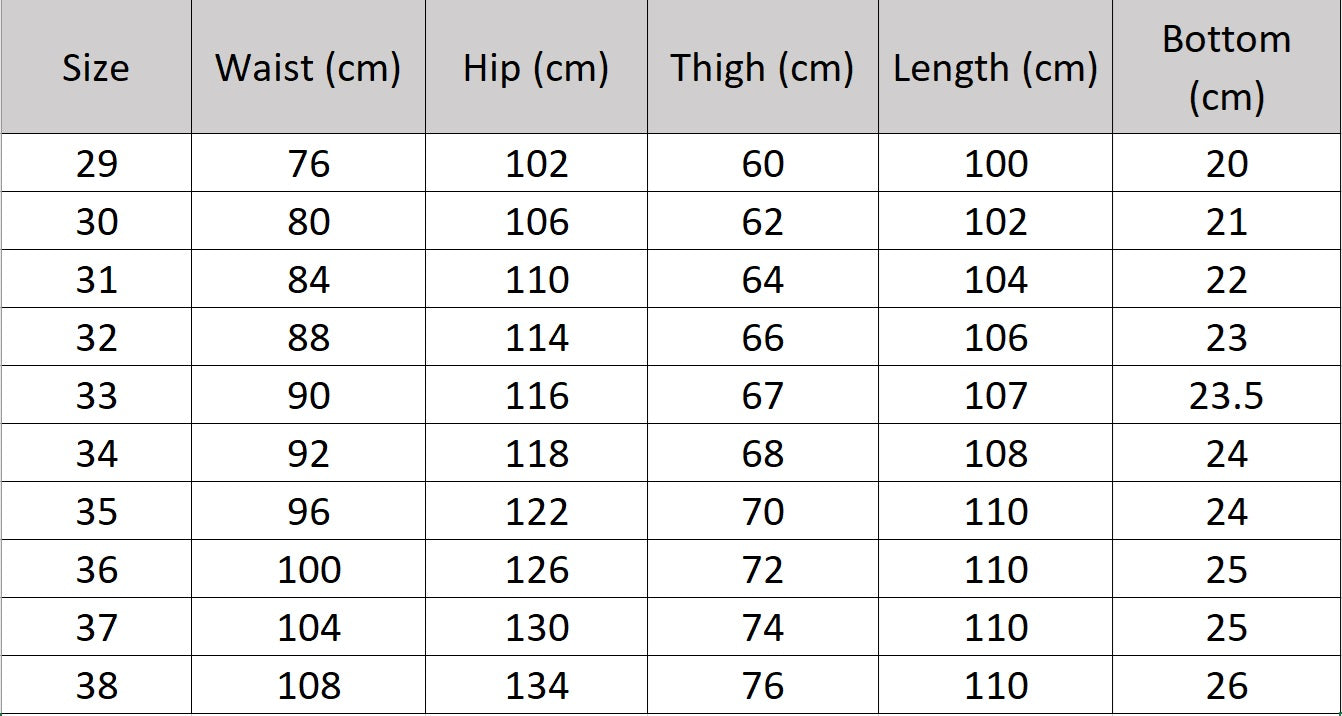 Men's size chart for wide-leg wool tweed trousers in Oslo Grey, featuring four front pleats and turned-back cuffs for a tailored, heritage-inspired silhouette. From Borcelleclothes.
