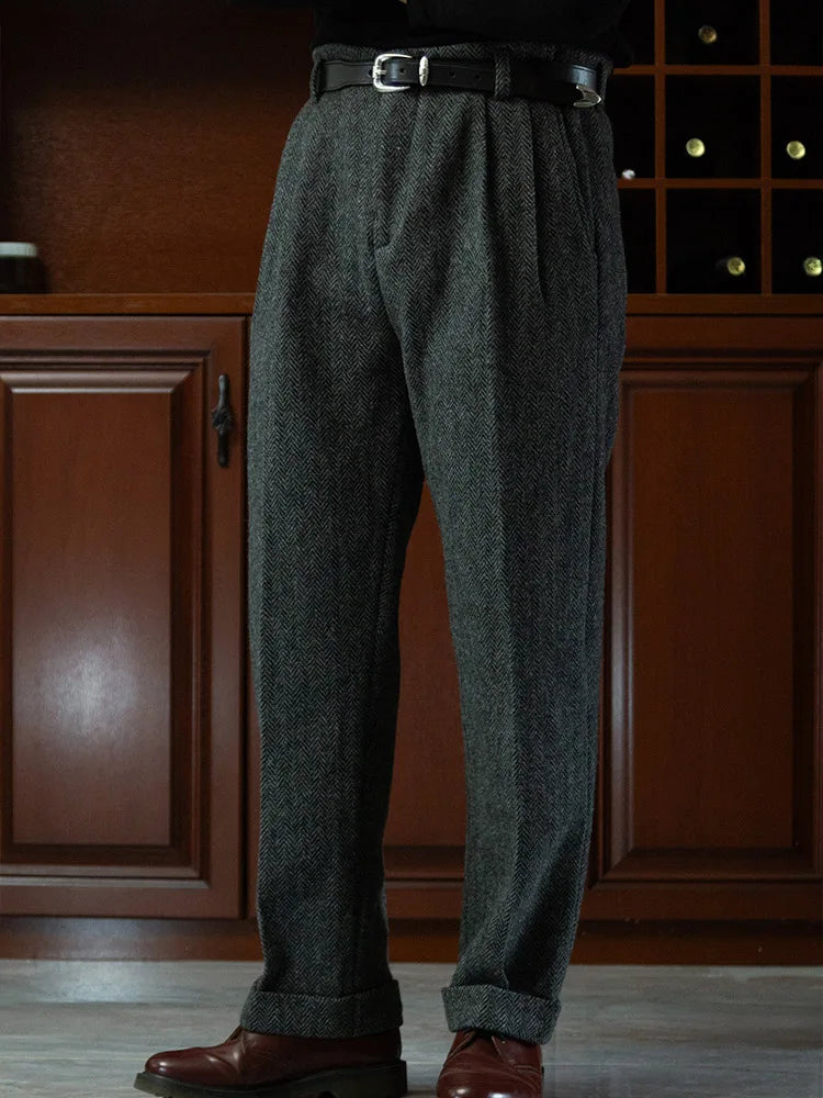 Men's wide-leg wool tweed trousers in Oslo Grey, featuring four front pleats and turned-back cuffs for a tailored, heritage-inspired silhouette. From Borcelleclothes.