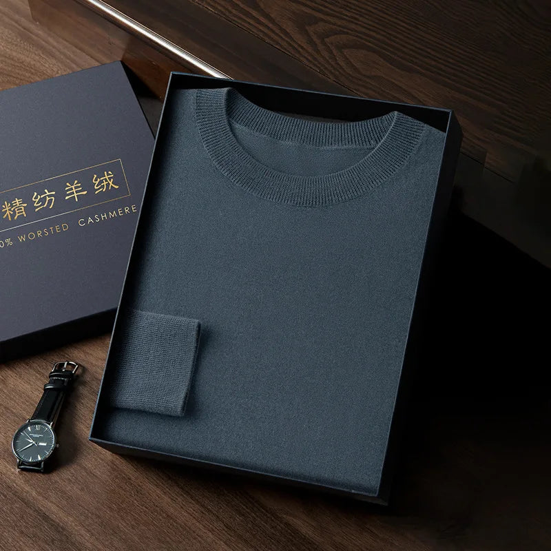 Slim-fitting worsted cashmere crewneck sweater in Blue Note, made of 100% Alashan cashmere with stockinette body, 1×1 ribbed collar, cuffs, and hem — From Borcelleclothes.