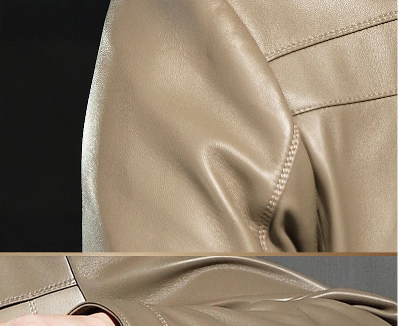 Collage: back yoke, shoulder, and cuff details of the woven-collar sheepskin jacket, Shadow — From Borcelleclothes.