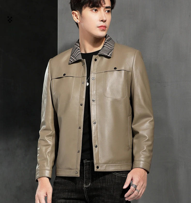 Model looking to the side in the woven-collar sheepskin jacket, Shadow — From Borcelleclothes.