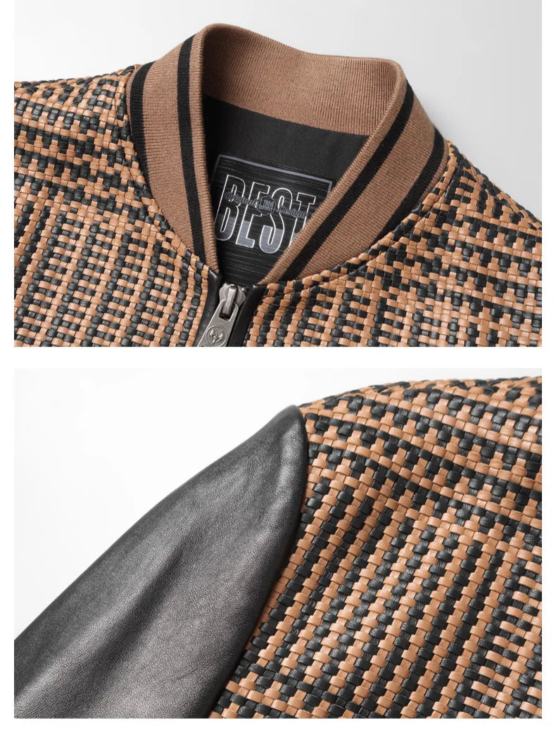 Collar–shoulder collage; rib-knit collar; smooth leather sleeves (French Beige & Onyx) — From Borcelleclothes.