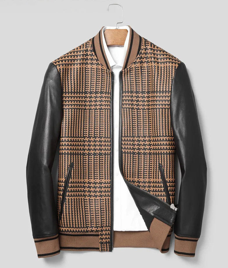 Front view; woven-leather plaid body; metal zip; rib-knit collar (French Beige & Onyx) — From Borcelleclothes.