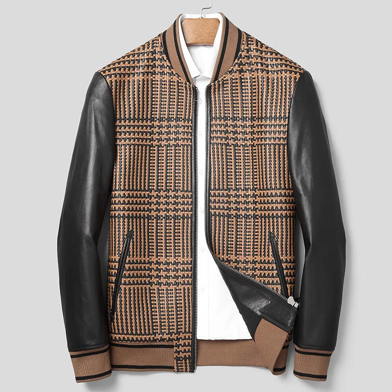Men's Woven-leather plaid sheepskin jacket in French Beige & Onyx; metal zip; smooth sleeves; double-trim slit waist pockets; rib-knit collar, cuffs and hem — From Borcelleclothes.