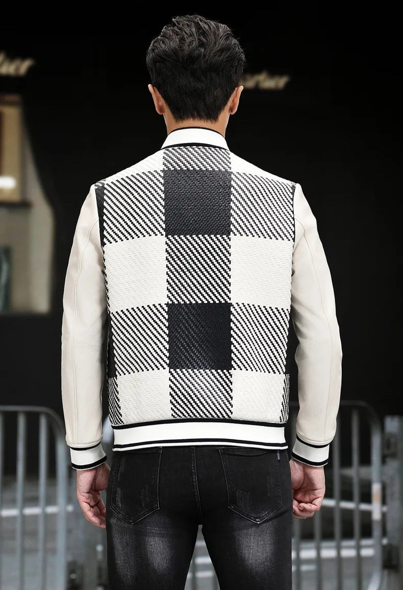 Back view; woven-leather plaid back panel; rib-knit hem (Platinum & Onyx) — From Borcelleclothes.