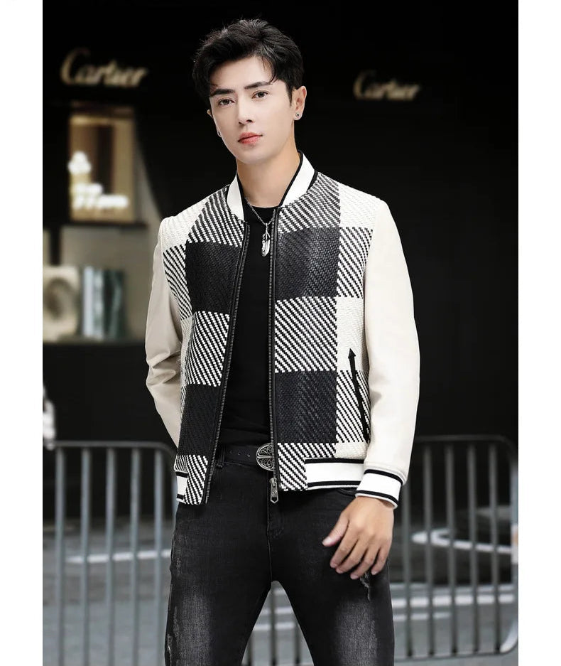 Model with hand behind back; woven-leather plaid jacket; rib-knit edges (Platinum & Onyx) — From Borcelleclothes.