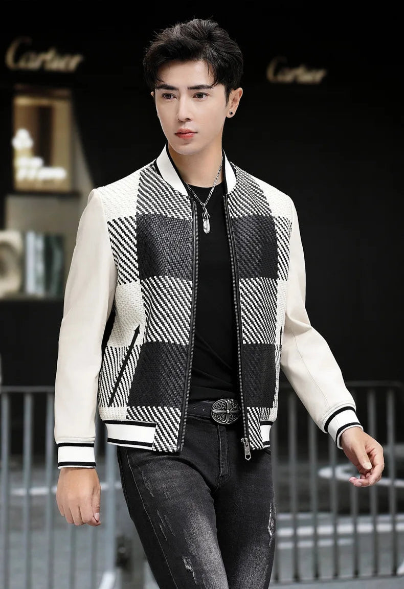 Model in motion; woven-leather plaid front; rib-knit collar and hem (Platinum & Onyx) — From Borcelleclothes.