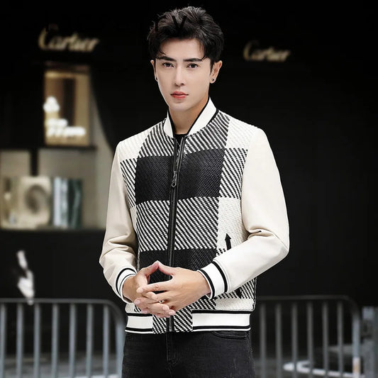 Men's Woven-leather plaid sheepskin jacket in Platinum & Onyx; metal zip; smooth sleeves; double-trim slit waist pockets; rib-knit collar, cuffs and hem — From Borcelleclothes.