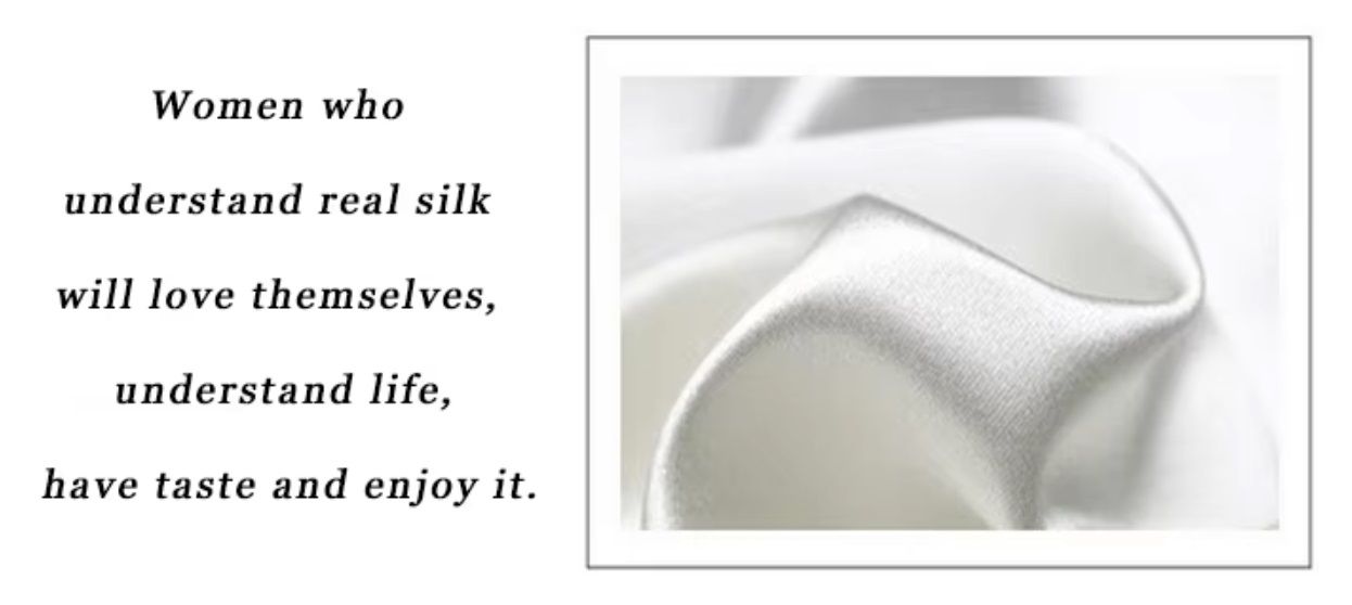 Mulberry silk fabric with quote  - women who understand real silk will love themselves. From Borcelleclothes.