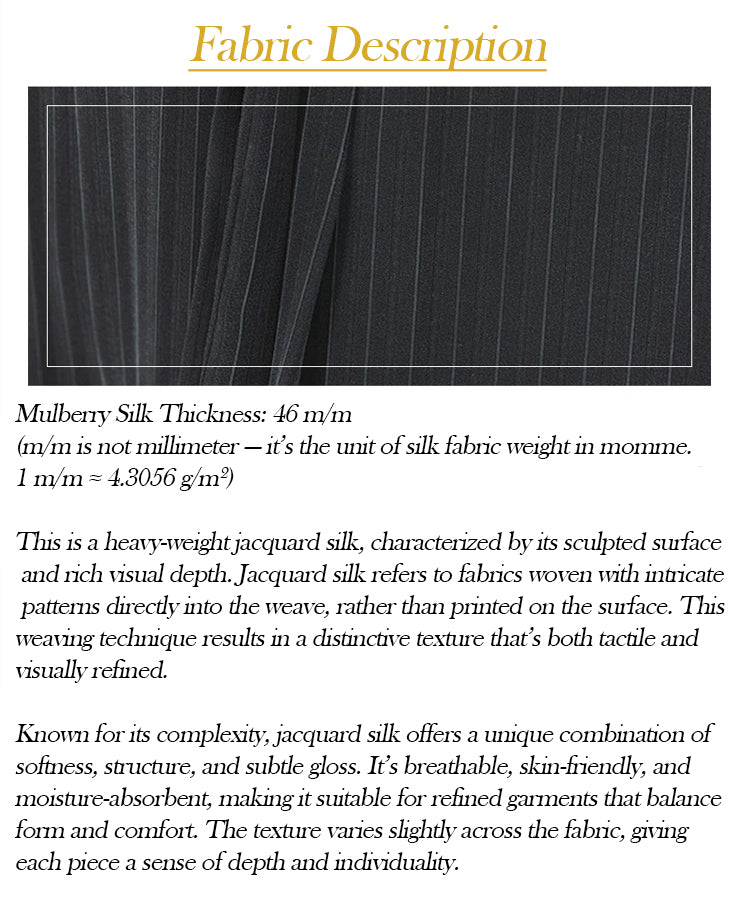 Close-up of Jaguar-colored pinstripe jacquard silk fabric with visible texture and tonal sheen, accompanied by fabric description. From Borcelleclothes.