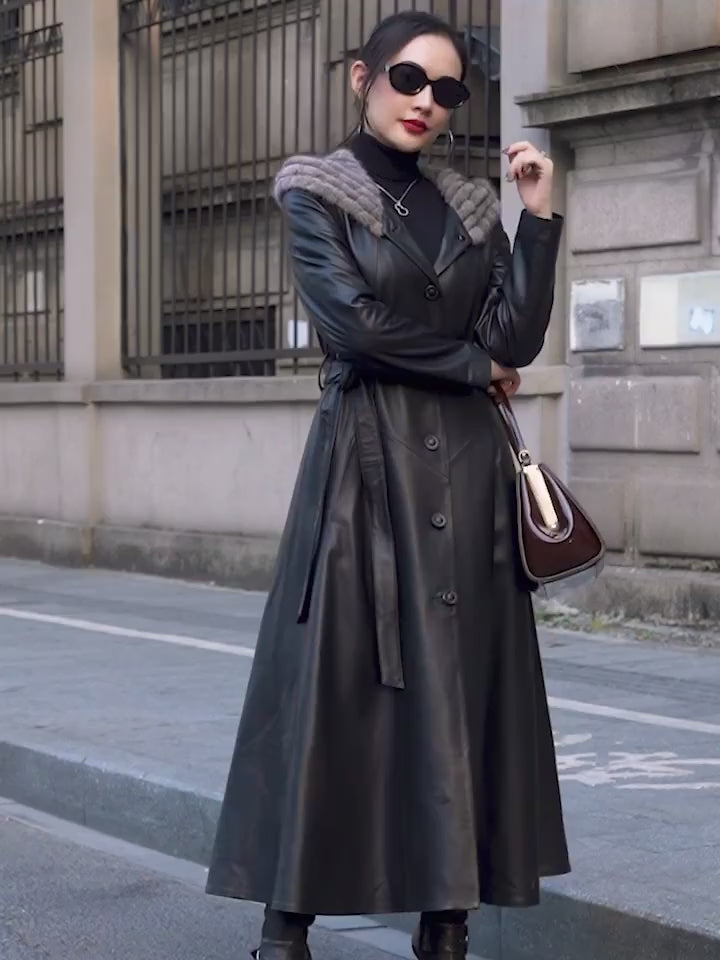 Video showcasing a Women's Flared Hooded Coat in Onyx with two options - Mid-Calf and Seven-Eighths Length. From Borcelleclothes.