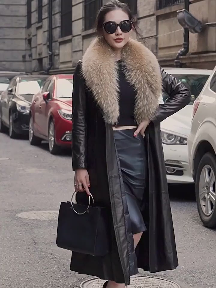 Video showcasing a Women's Sheepskin Down Coat in Eclipse and Onyx with two options- with fur collar and down lining and without. From Borcelleclothes.