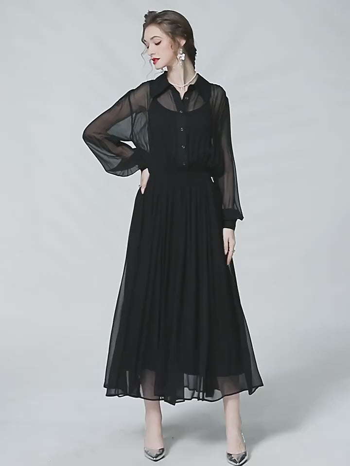 Video showcasing a Women's 6A Grade Mulberry silk georgette dress in Onyx with pointed collar, ribbed waist detail, and flowing mid-calf skirt—structured above, free below. From Borcelleclothes.