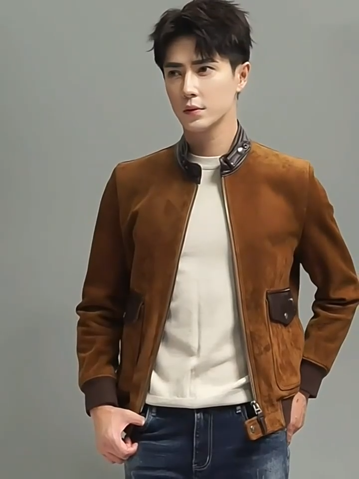 Video showcasing a Men's Nutmeg Suede Bomber — sheepskin suede, smooth-leather stand collar, curved flap pockets, rib cuffs and hem; tactile quiet luxury. From Borcelleclothes.