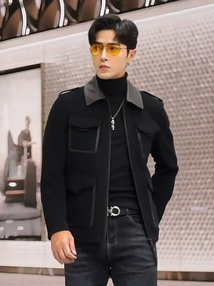 Video showcasing a Men’s leather-accented mini-coat in Onyx, with refined tailoring, genuine leather collar and trims, blending classic form with modern sophistication. From Borcelleclothes.