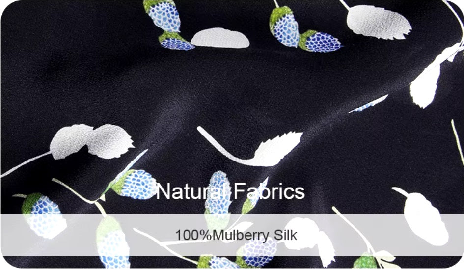 Silk fabric in berry-inspired print, highlighting its natural sheen. From Borcelleclothes.