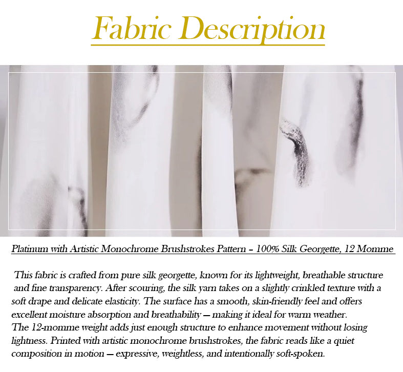 Close-up of platinum silk georgette fabric with artistic monochrome brushstrokes and descriptive text. From Borcelleclothes.