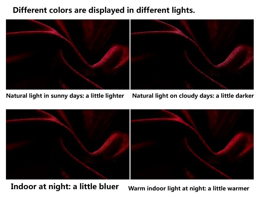 Silk velvet fabric showing color variations under different lighting conditions: natural light on sunny and cloudy days, and indoor lighting at night, highlighting subtle shifts in tone. From Borcelleclothes.