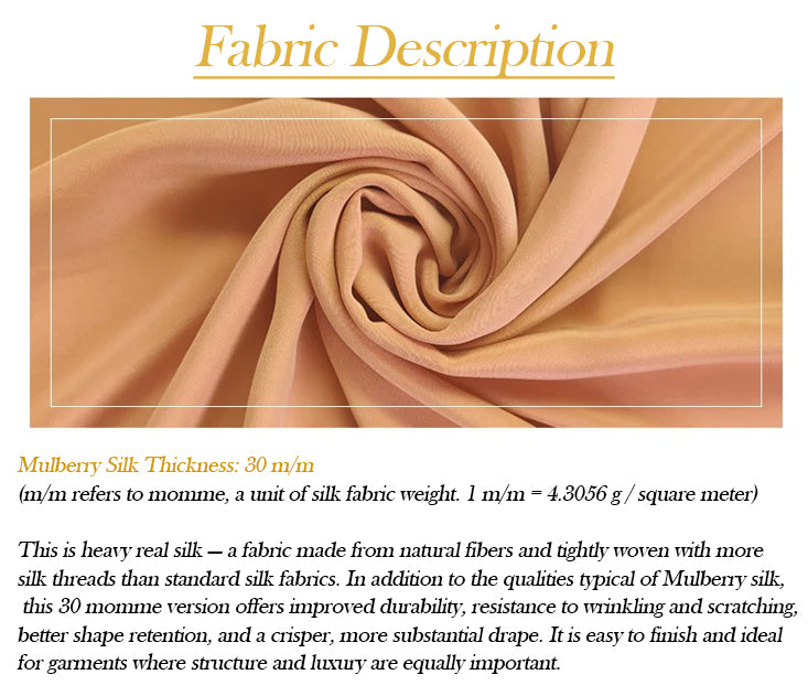 Spiraled fold of Folklore Rose-colored Mulberry silk fabric with description highlighting 30 Momme quality. From Borcelleclothes.
