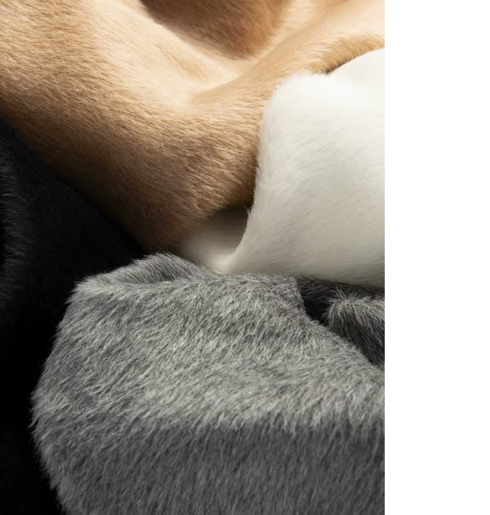 Textured close-up of Suri alpaca wool fabrics in Pearl Bush, Pale Taupe, and Flint. From Borcelleclothes.