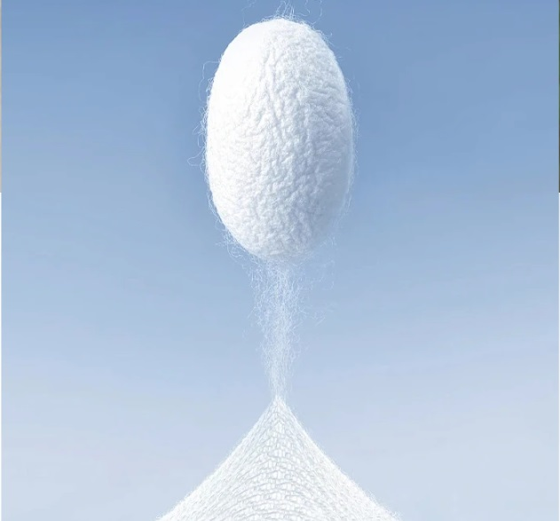 A white silk cocoon symbolizing the transformation from natural fiber to luxury textile. From Borcelleclothes.