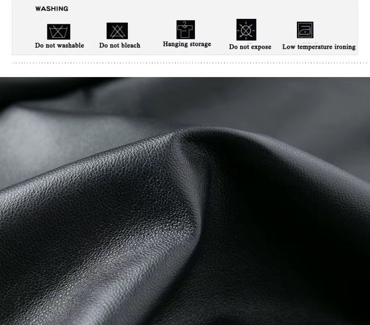 Washing instructions for a Women's Leather Midi Dress, detailing care recommendations such as avoiding washing, bleach, and tumble drying, with low ironing. Professional cleaning suggested. From Borcelleclothes.