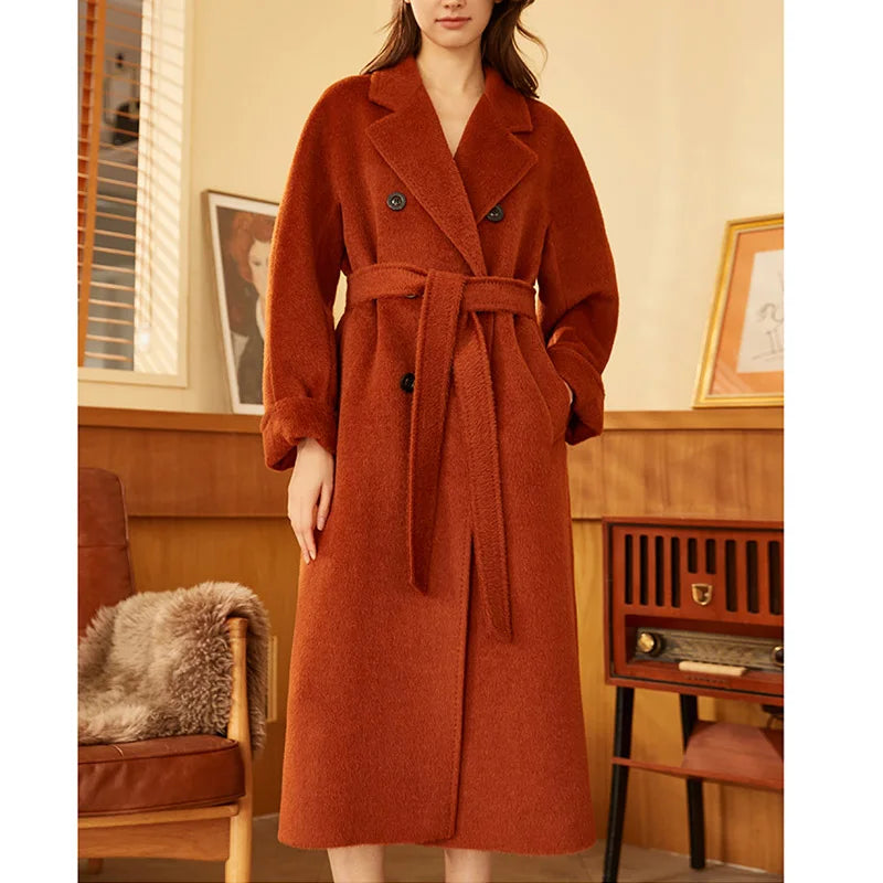 Women's Mid-Calf Alpaca Coat in Cognac, showcasing the elegant double-breasted design, seamless kimono sleeves, and luxurious Suri alpaca and cashmere blend with a soft fur-like texture. From Borcelleclothes.