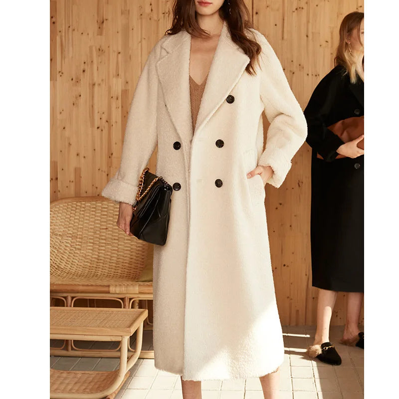 Women's Mid-Calf Alpaca Coat in Orchid White, showcasing the elegant double-breasted design, seamless kimono sleeves, and luxurious Suri alpaca and cashmere blend with a soft fur-like texture. From Borcelleclothes.