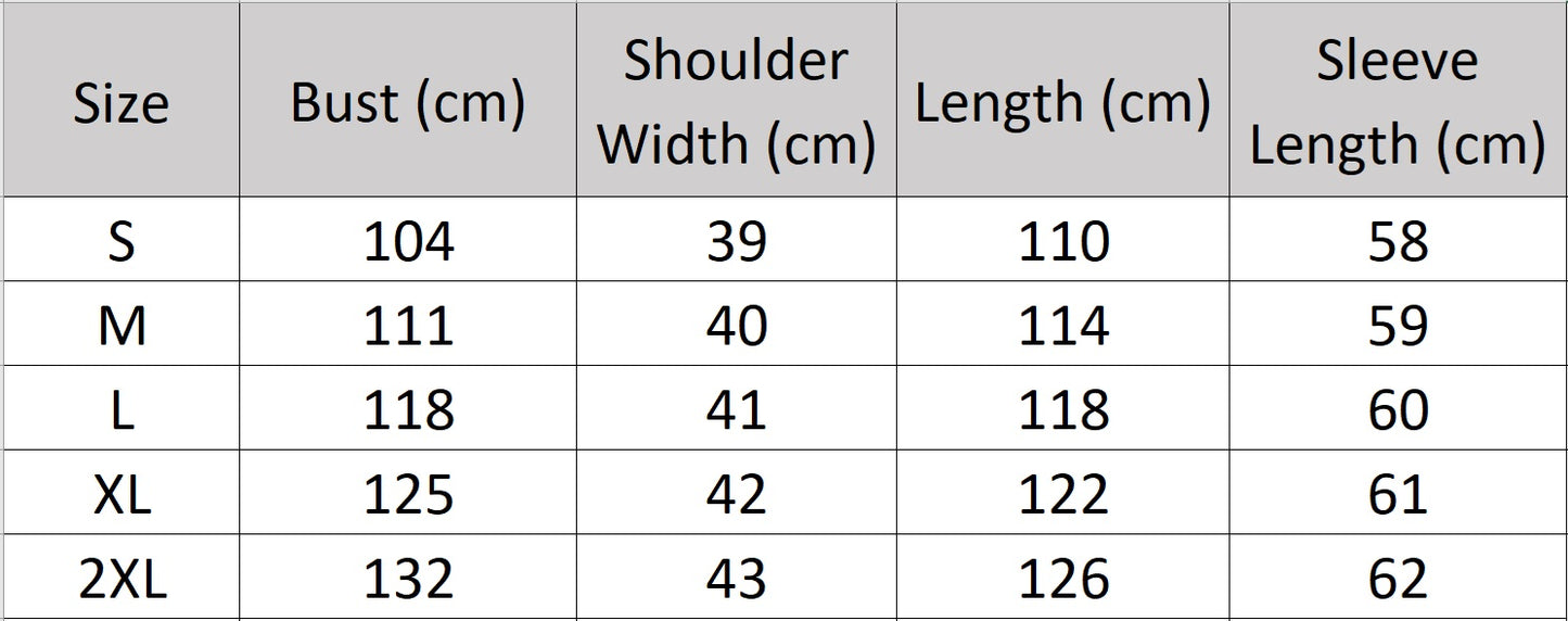 Women's size chart for a Mid-Calf Alpaca Coat, showcasing the elegant double-breasted design, seamless kimono sleeves, and luxurious Suri alpaca and cashmere blend with a soft fur-like texture. From Borcelleclothes.