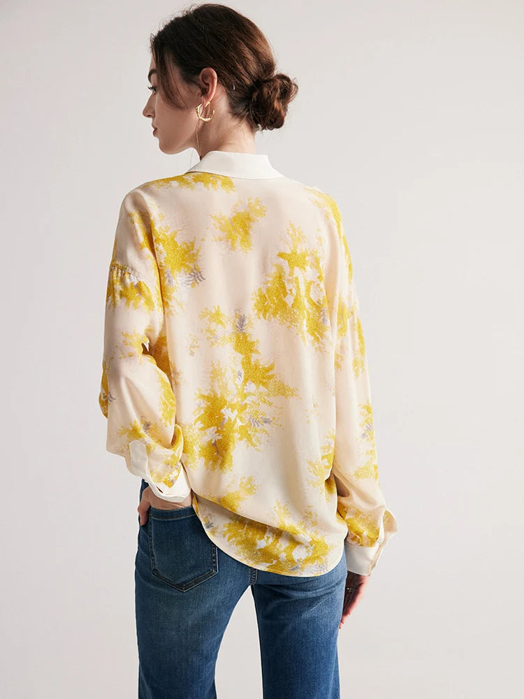 The Back of a Women's 100% Mulberry Silk Mimosa Print Shirt on the model. From Borcelleclothes.