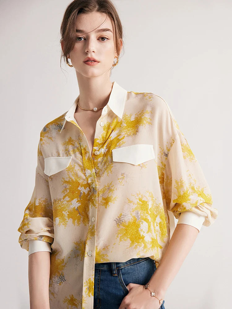Model wearing women's 100% Mulberry Silk Mimosa Print Shirt from the front. From Borcelleclothes.