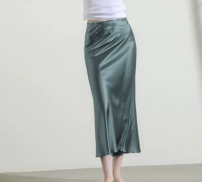 Women's mid-length A-line silk skirt in Blue Bayoux tone with ribbed waistline and invisible side zipper, crafted from 22 Momme Mulberry silk. From Borcelleclothes.