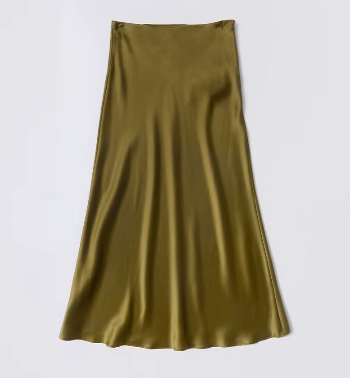 Front view of the Himalaya silk skirt with ribbed waistline and clean A-line drape. From Borcelleclothes.