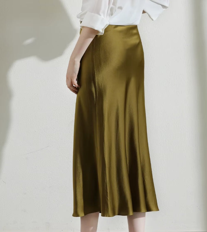 Back view of Himalaya silk skirt showing subtle A-line structure and uninterrupted drape. From Borcelleclothes.