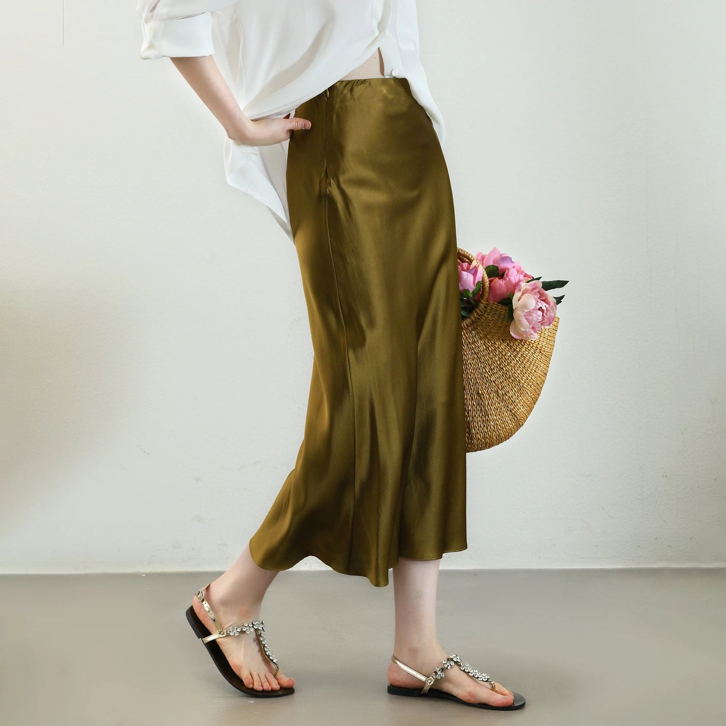 Women's mid-length A-line silk skirt in Himalaya tone with ribbed waistline and invisible side zipper, crafted from 22 Momme Mulberry silk. From Borcelleclothes.