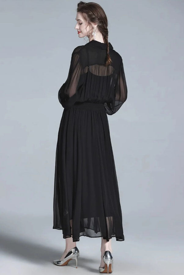 Back view of black silk georgette dress with open upper back. From Borcelleclothes.