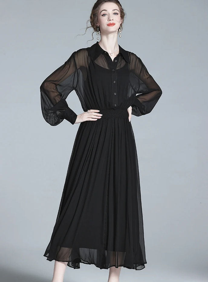 Model resting hands at waist, highlighting dress fit and flow. From Borcelleclothes.