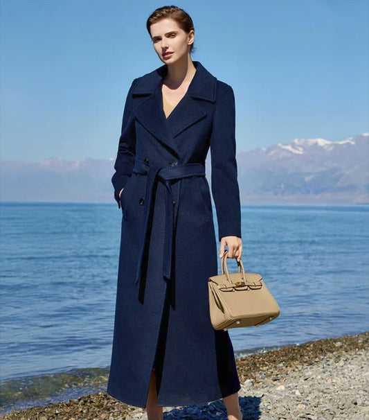 Women's 7/8 Cashmere Blend Coat in Deep Cove, featuring a double-breasted design, classic notch lapels, an adjustable waist belt, and single-welt pockets, crafted from a blend of cashmere, high-count wool, and Mulberry silk for refined elegance and luxurious comfort. From Borcelleclothes.