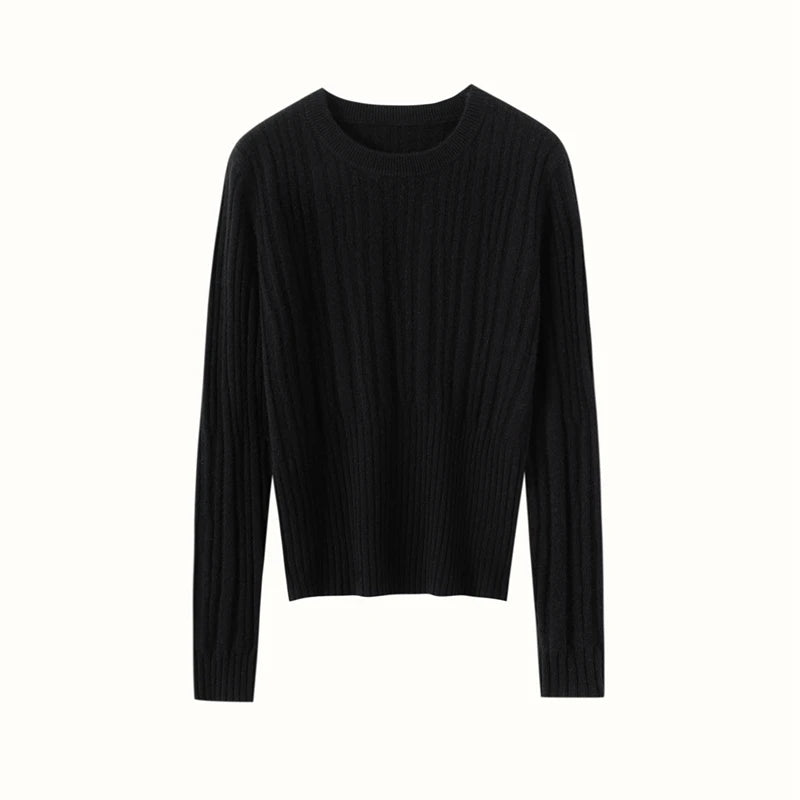 Women’s abstract-striped cashmere sweater in Onyx, with soft vertical textures and wide ribbed waistline — From Borcelleclothes.