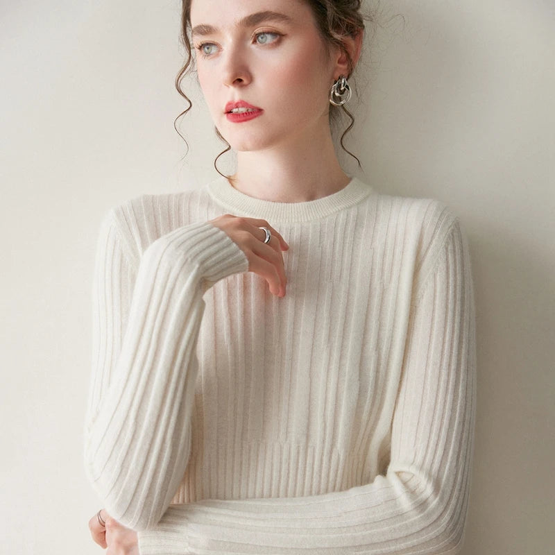 Women’s abstract-striped cashmere sweater in Pearl Bush, with soft vertical textures and wide ribbed waistline — From Borcelleclothes.