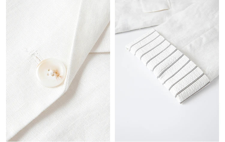 Collage showing upper button and cuff details of the Alabaster Urban Blazer. From Borcelleclothes.