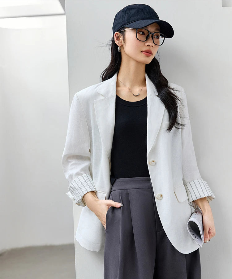Women's Alabaster Urban Blazer with shortened sleeves and striped cuffs, crafted in lyocell-linen for effortless composure. From Borcelleclothes.