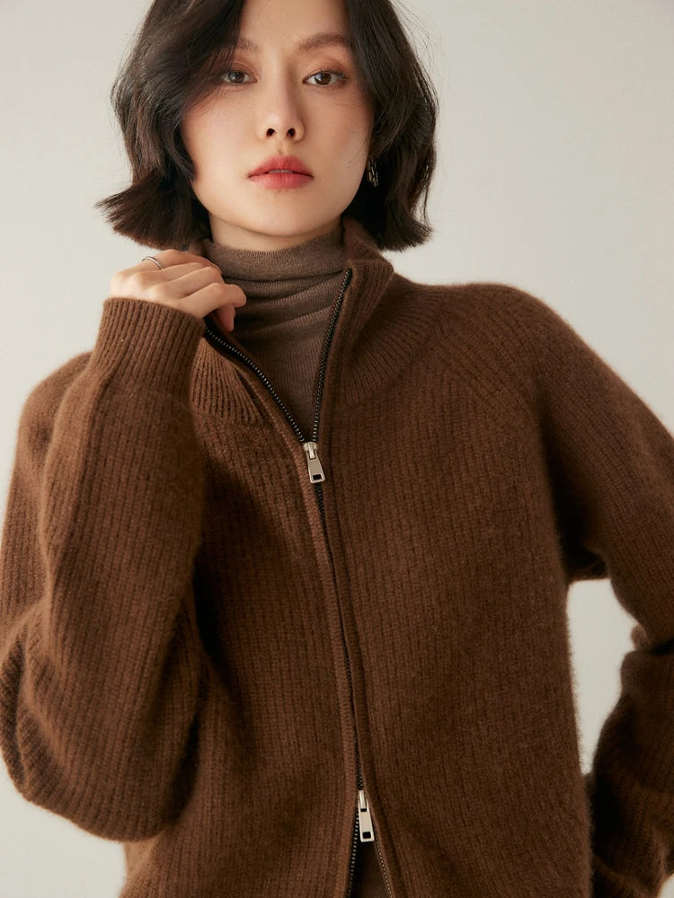Model touching collar of Irish Coffee Alashan cashmere cardigan — From Borcelleclothes.