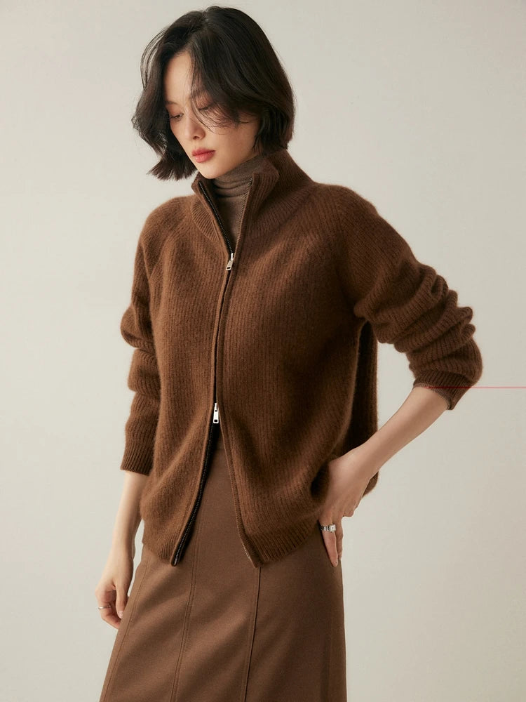 Women’s English rib cashmere cardigan in Irish Coffee with zip front and raglan sleeves — From Borcelleclothes.