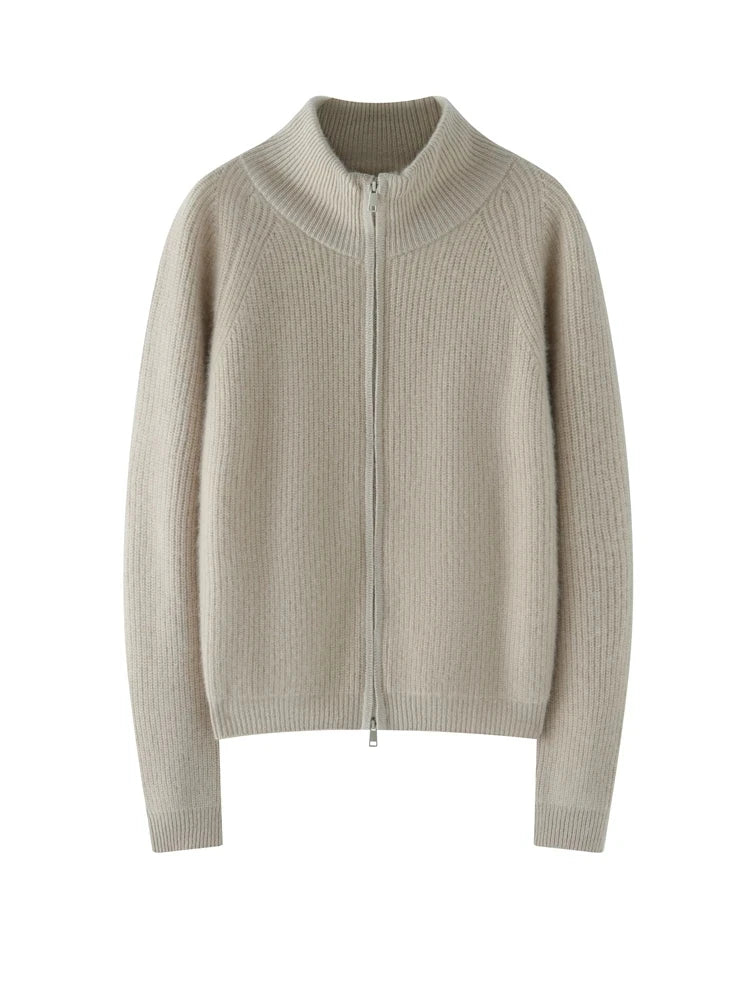 Front drape and texture of Pale Silver Alashan cashmere cardigan — From Borcelleclothes.