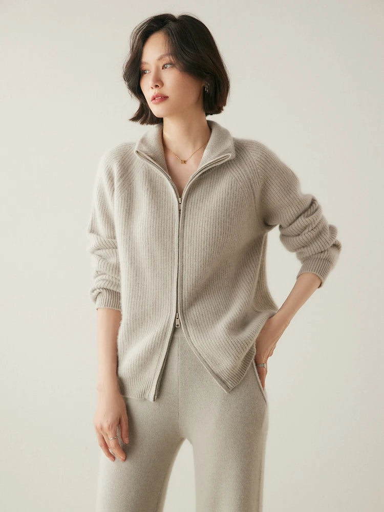 Model wearing Pale Silver Alashan cashmere cardigan with hand in pants pocket — From Borcelleclothes.